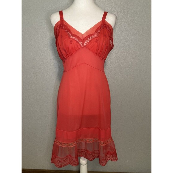 Vintage 50s 60s Red 36 Nightgown Tulle Lace Trim Peignoir Slip Dress Snowdon - Picture 1 of 12
